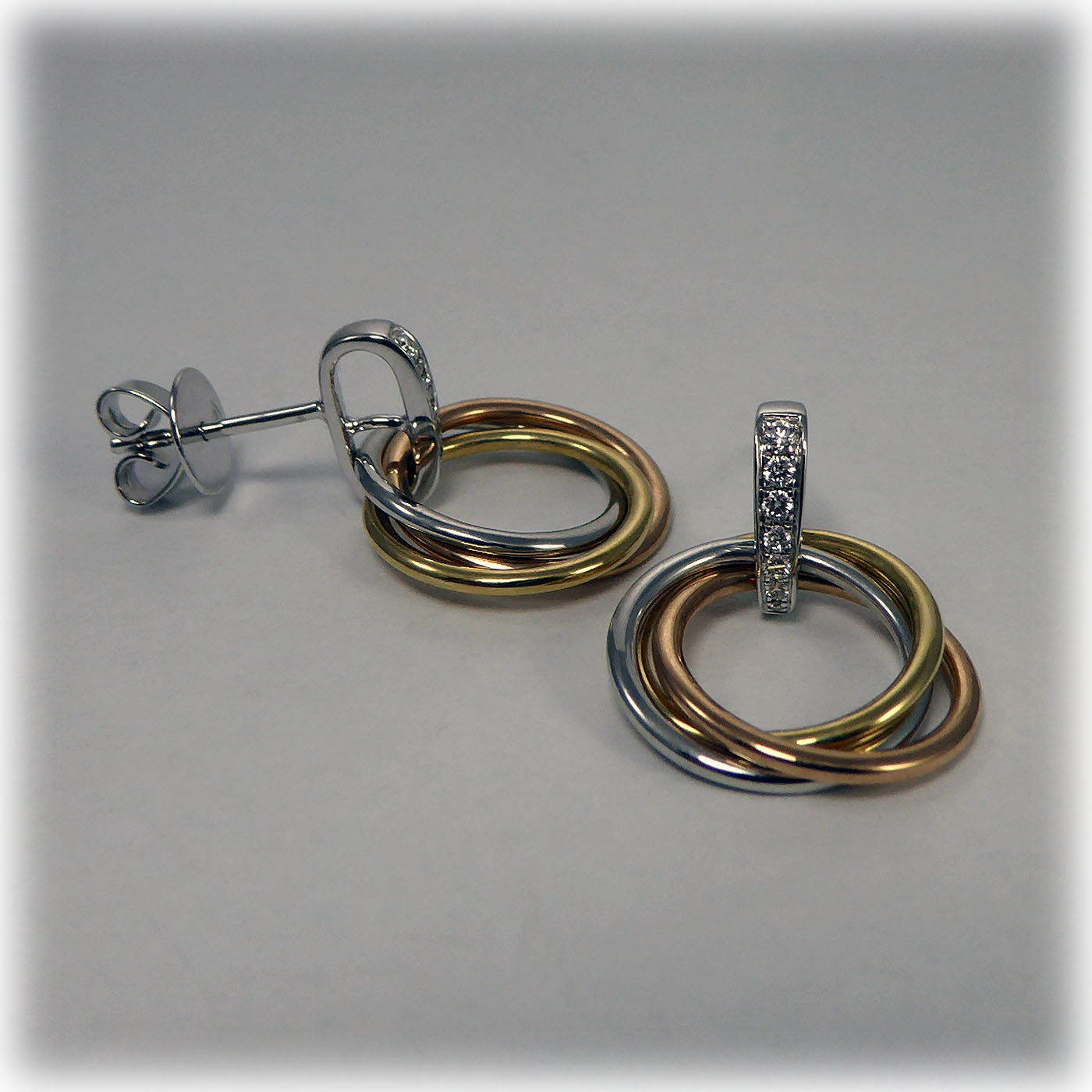 18ct Three Colour Gold Circles Diamond Earrings - Image 6
